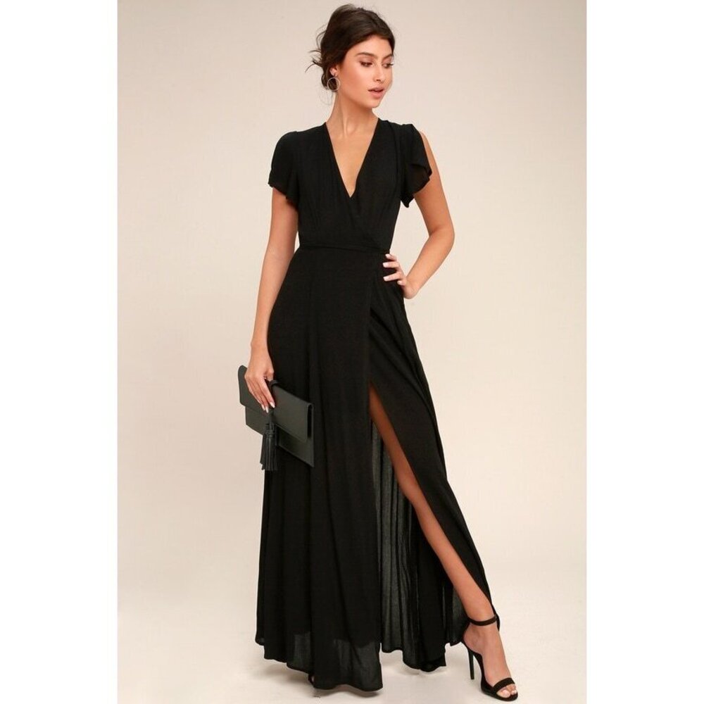 Lulus Heart Of Marigold Black Wrap Maxi Dress - Size L NWOT